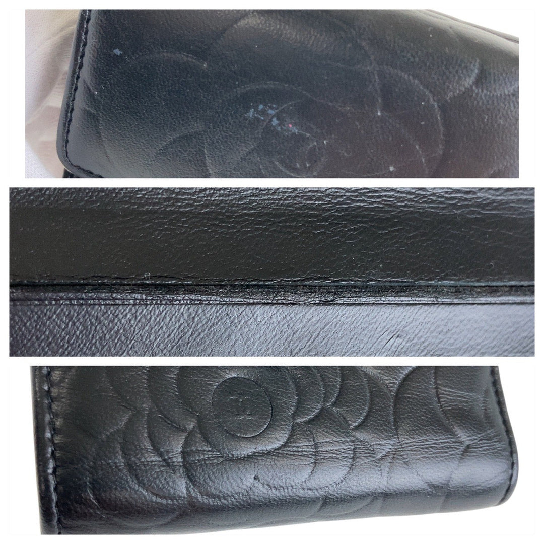CHANEL Tri-fold wallet lambskin black Folding wallet Compact wallet Camelia Women Used Authentic