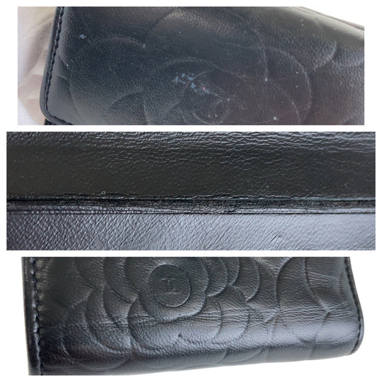 CHANEL Tri-fold wallet lambskin black Folding wallet Compact wallet Camelia Women Used Authentic