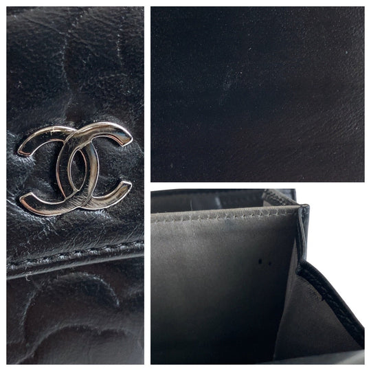 CHANEL Tri-fold wallet lambskin black Folding wallet Compact wallet Camelia Women Used Authentic