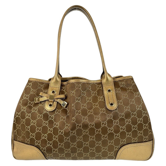 GUCCI Tote Bag 163805 Satin, Leather Brown Gold Metal Tote Bag Shoulder Bag Pretty GG pattern Women Used Authentic