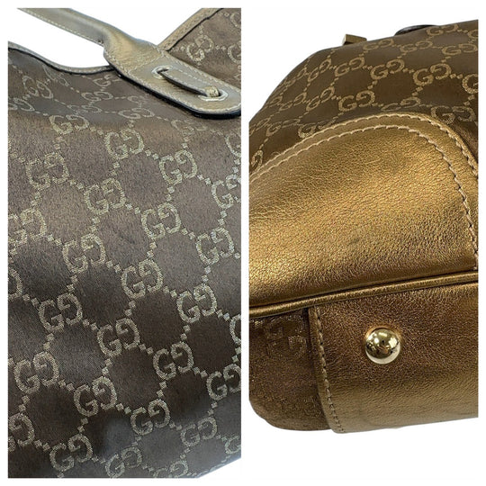 GUCCI Tote Bag 163805 Satin, Leather Brown Gold Metal Tote Bag Shoulder Bag Pretty GG pattern Women Used Authentic