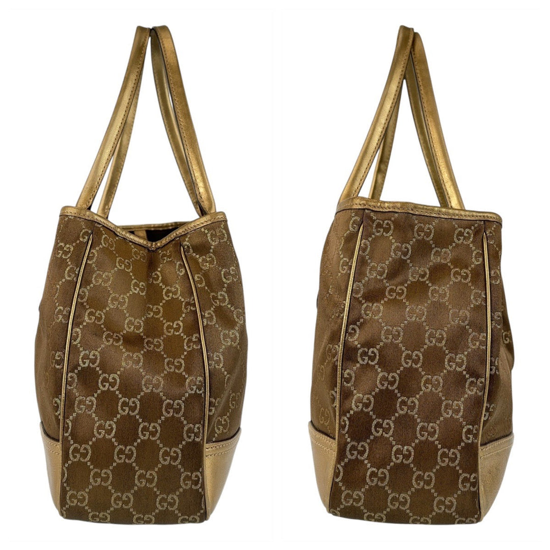 GUCCI Tote Bag 163805 Satin, Leather Brown Gold Metal Tote Bag Shoulder Bag Pretty GG pattern Women Used Authentic