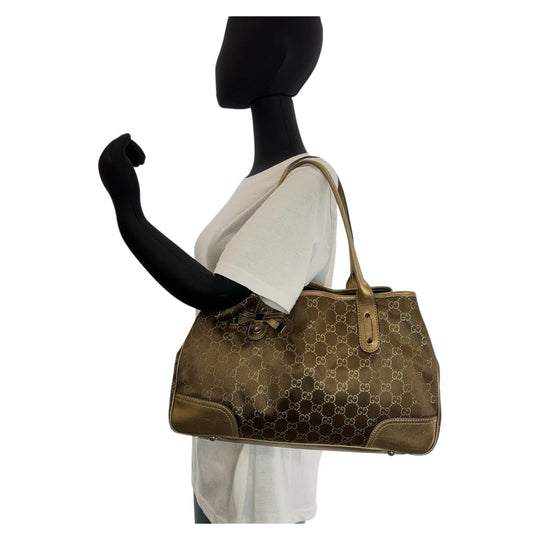 GUCCI Tote Bag 163805 Satin, Leather Brown Gold Metal Tote Bag Shoulder Bag Pretty GG pattern Women Used Authentic