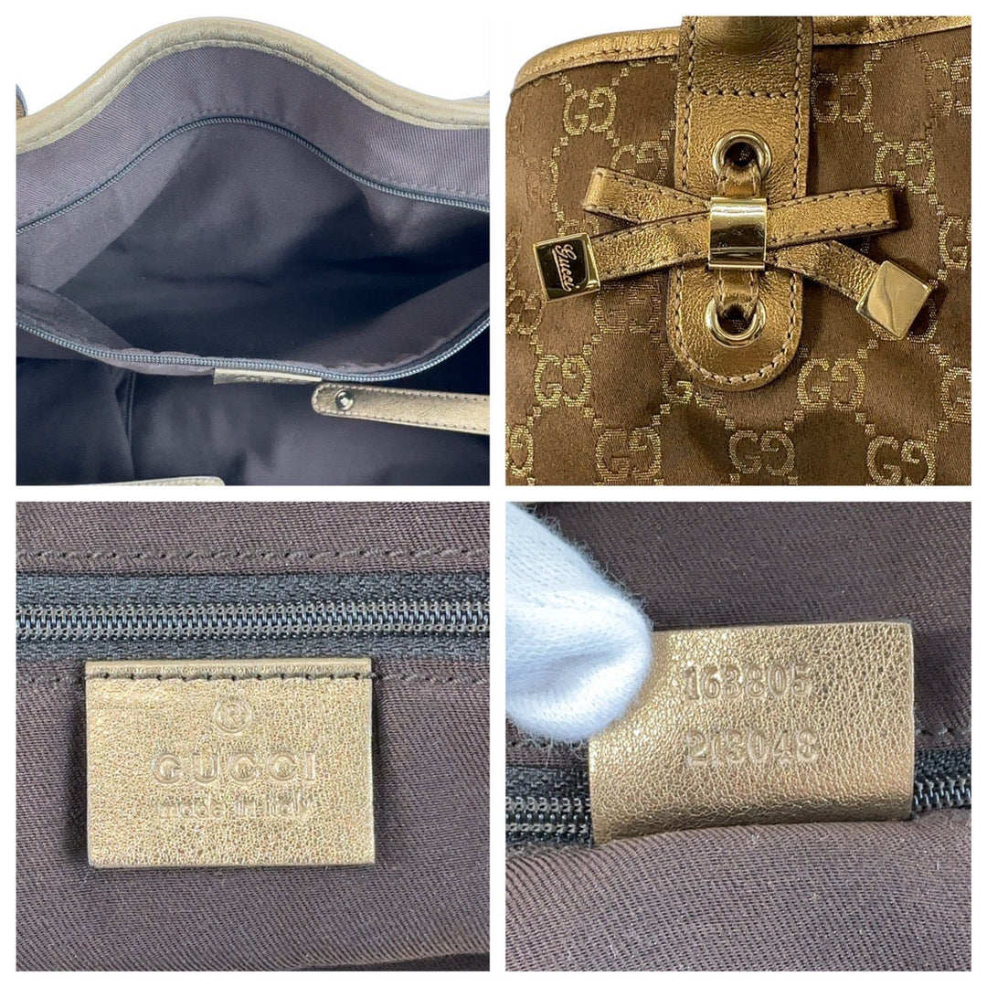 GUCCI Tote Bag 163805 Satin, Leather Brown Gold Metal Tote Bag Shoulder Bag Pretty GG pattern Women Used Authentic