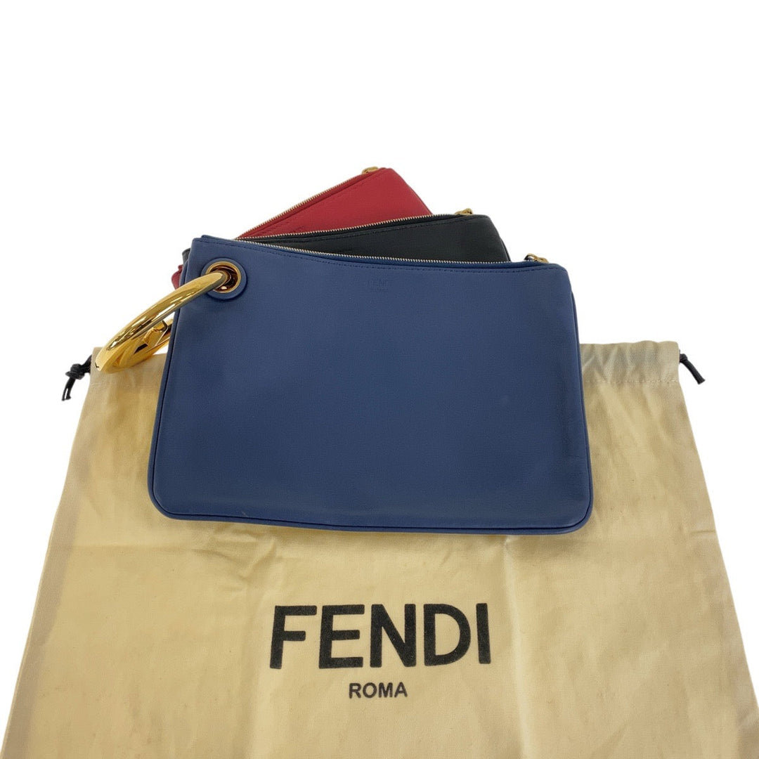 FENDI Clutch bag leather Blue Red Black Gold Metal clutch bag accessory pouch Triplet Women Used Authentic