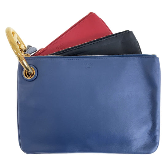 FENDI Clutch bag leather Blue Red Black Gold Metal clutch bag accessory pouch Triplet Women Used Authentic