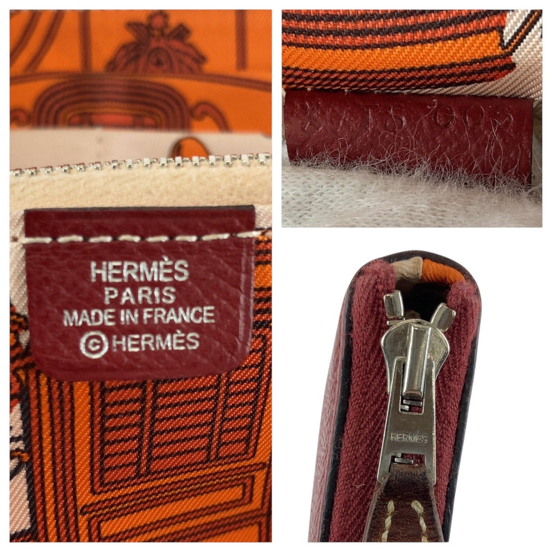 HERMES Long Wallet Purse Epsom, Silk Ruby Wine Red Bordeaux Long Wallet Purse Zip Around Unisex Azap long silk in Women Used Authentic