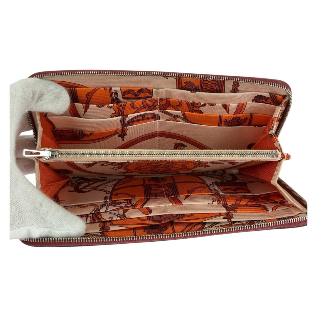 HERMES Long Wallet Purse Epsom, Silk Ruby Wine Red Bordeaux Long Wallet Purse Zip Around Unisex Azap long silk in Women Used Authentic