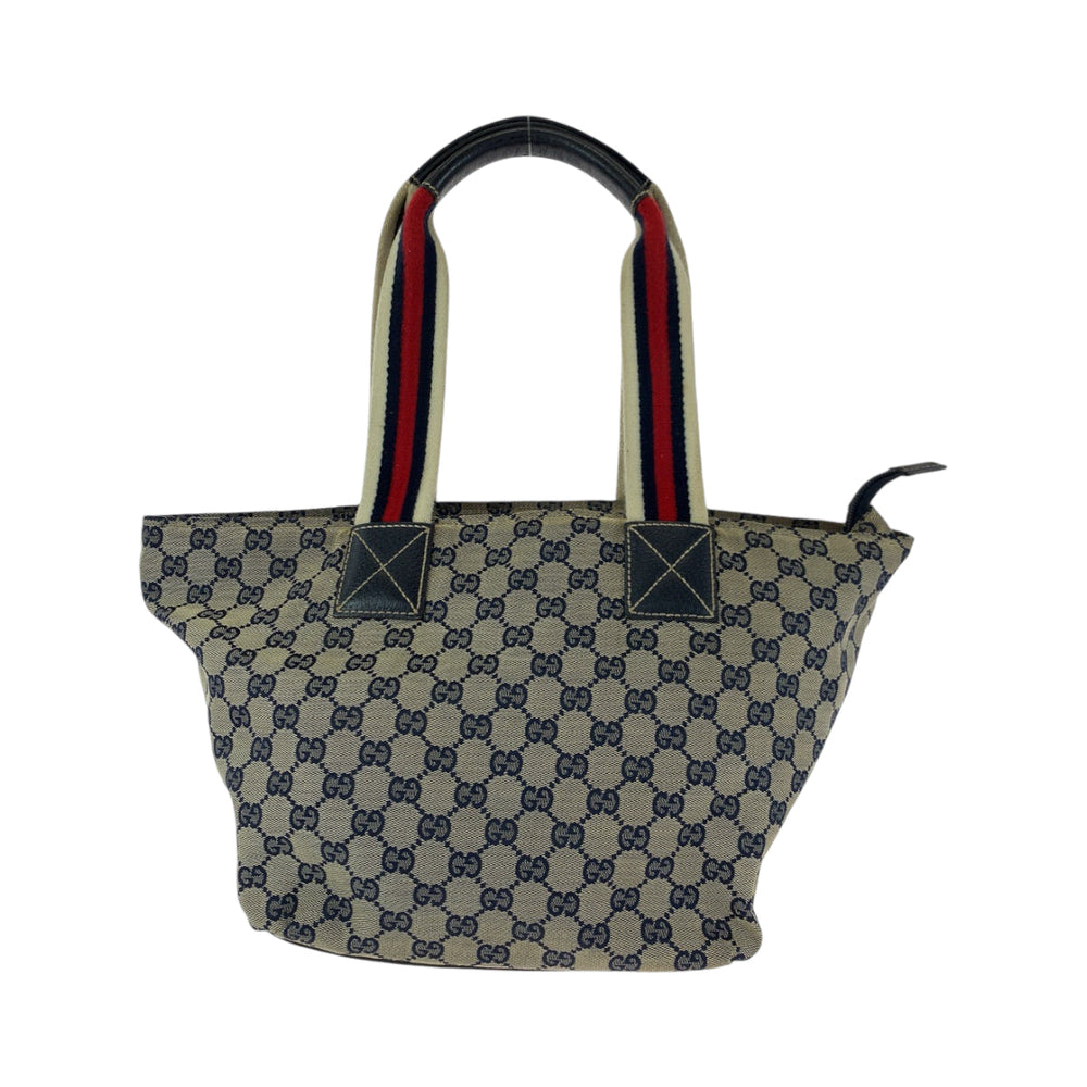 GUCCI Tote Bag 131230 GG canvas Navy Gray Red SilverMetal Tote Bag Shoulder Bag Women Used Authentic