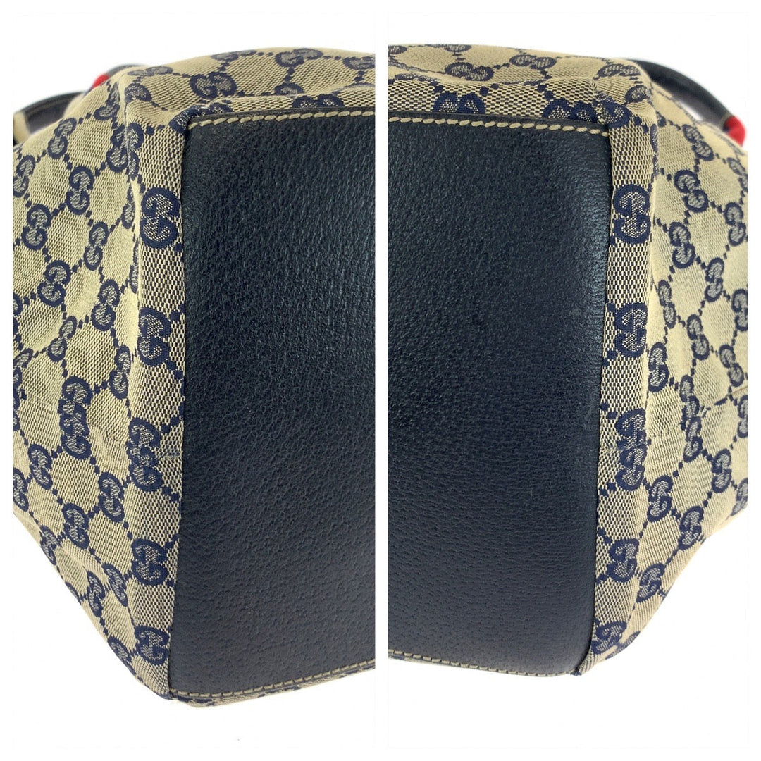 GUCCI Tote Bag 131230 GG canvas Navy Gray Red SilverMetal Tote Bag Shoulder Bag Women Used Authentic
