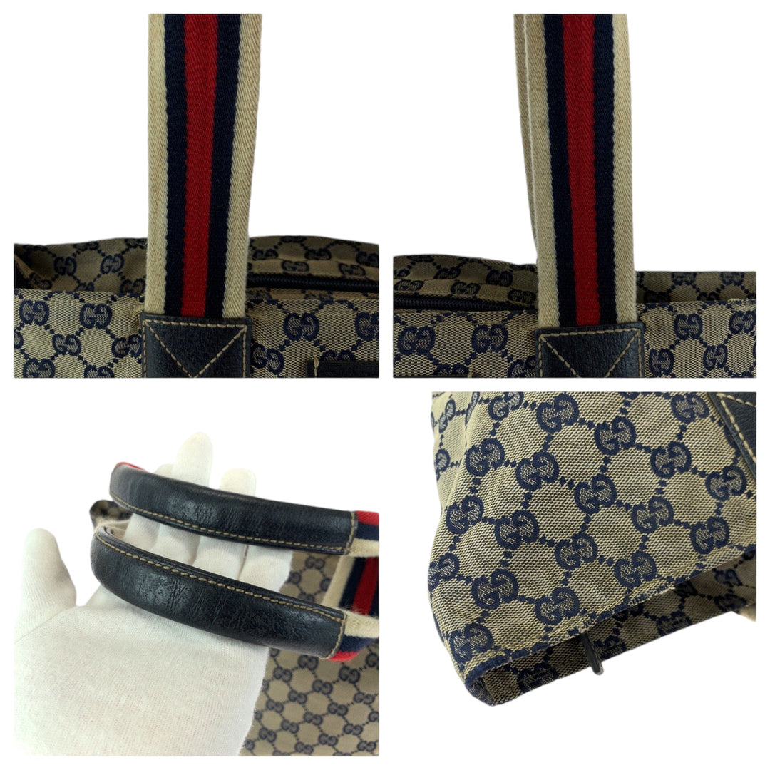 GUCCI Tote Bag 131230 GG canvas Navy Gray Red SilverMetal Tote Bag Shoulder Bag Women Used Authentic
