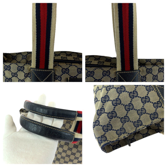GUCCI Tote Bag 131230 GG canvas Navy Gray Red SilverMetal Tote Bag Shoulder Bag Women Used Authentic
