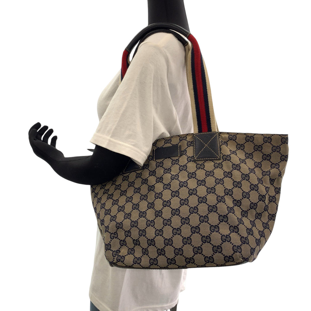 GUCCI Tote Bag 131230 GG canvas Navy Gray Red SilverMetal Tote Bag Shoulder Bag Women Used Authentic