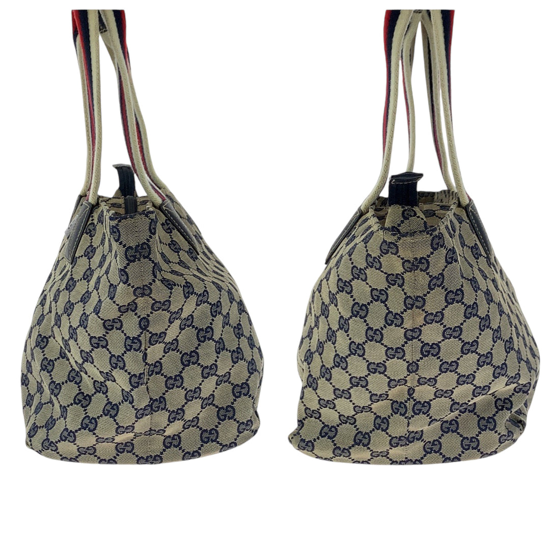 GUCCI Tote Bag 131230 GG canvas Navy Gray Red SilverMetal Tote Bag Shoulder Bag Women Used Authentic