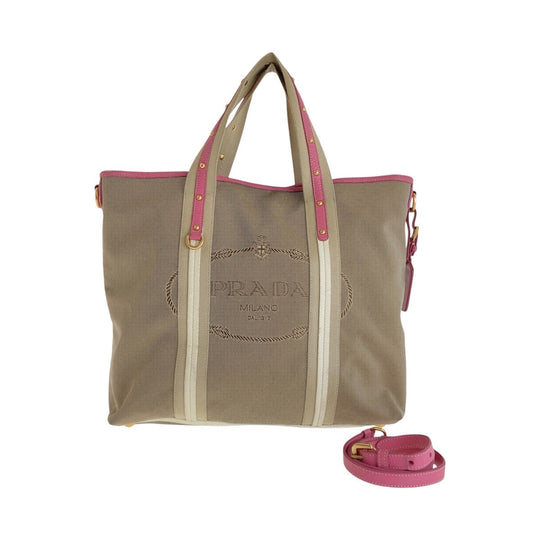 PRADA Tote Bag Canvas, Leather Beige Pink Gold Metal Tote Bag Shoulder Bag 2way Logo jacquard Women Used Authentic