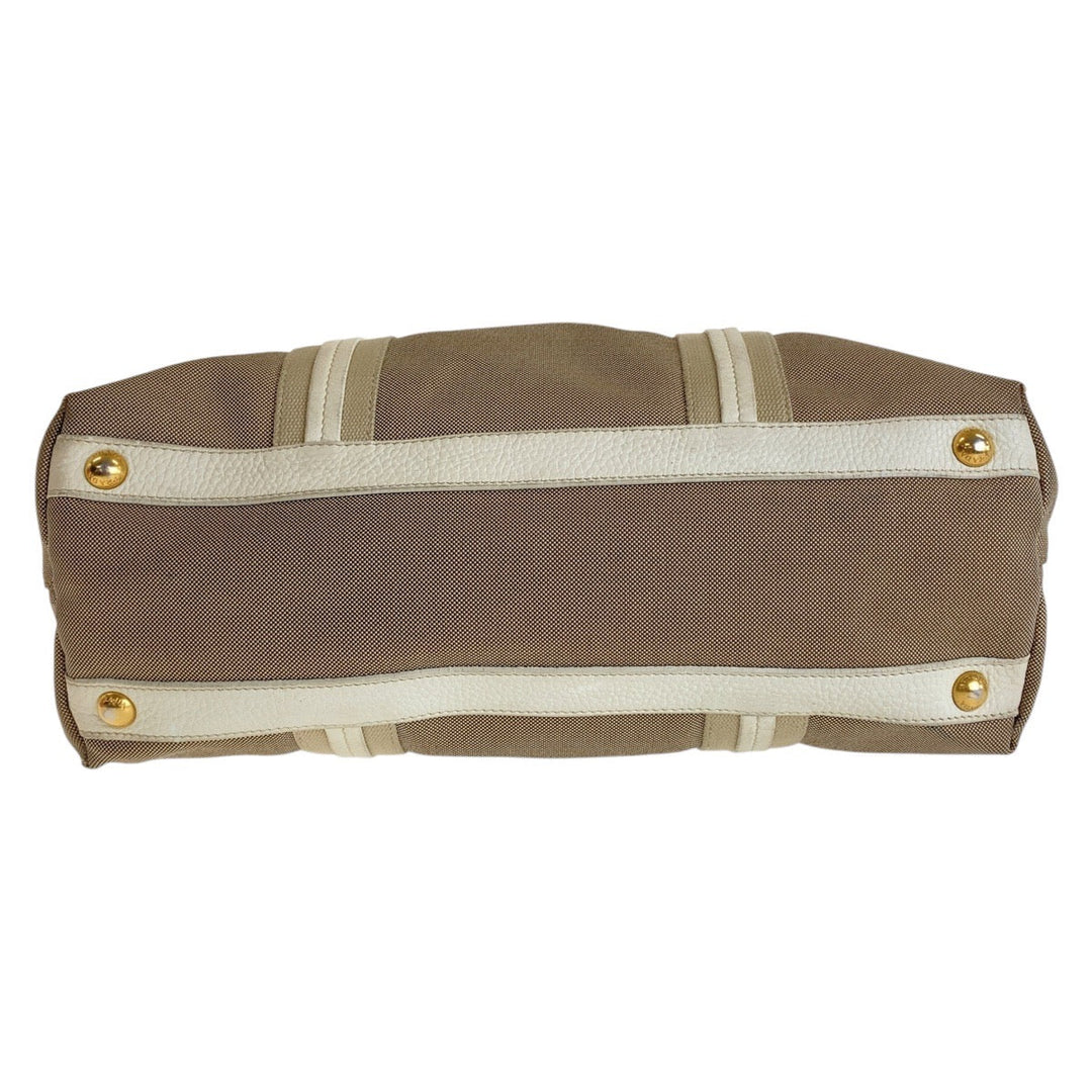 PRADA Tote Bag Canvas, Leather Beige Pink Gold Metal Tote Bag Shoulder Bag 2way Logo jacquard Women Used Authentic