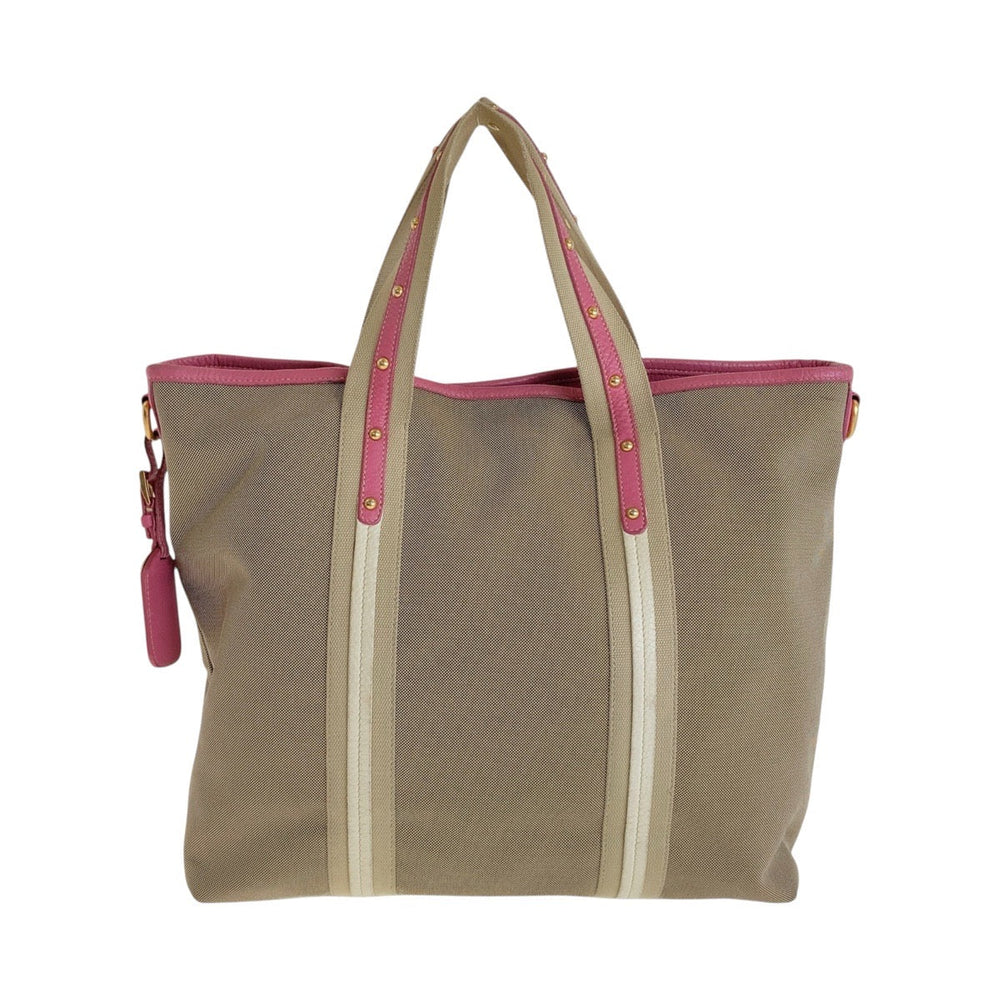 PRADA Tote Bag Canvas, Leather Beige Pink Gold Metal Tote Bag Shoulder Bag 2way Logo jacquard Women Used Authentic