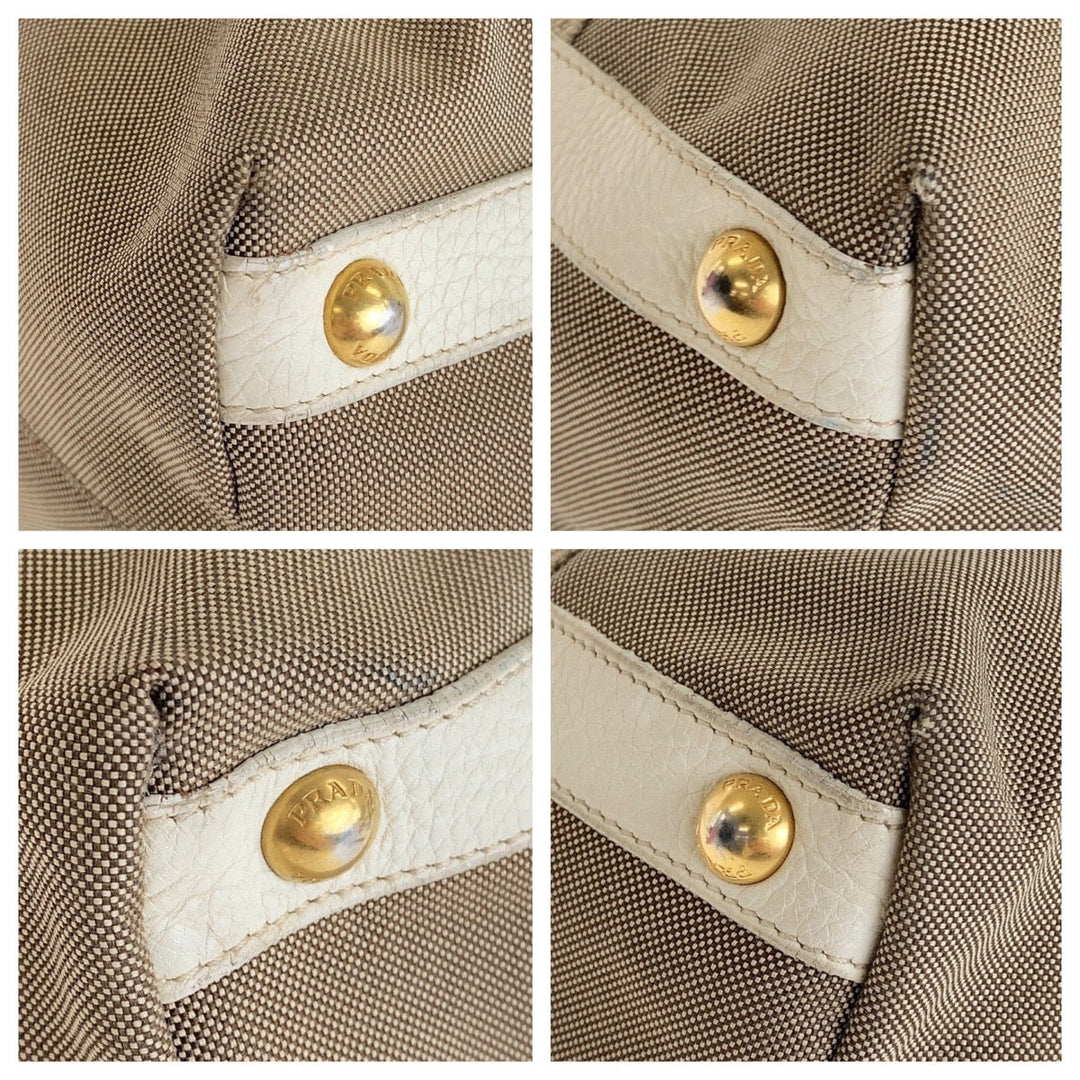 PRADA Tote Bag Canvas, Leather Beige Pink Gold Metal Tote Bag Shoulder Bag 2way Logo jacquard Women Used Authentic