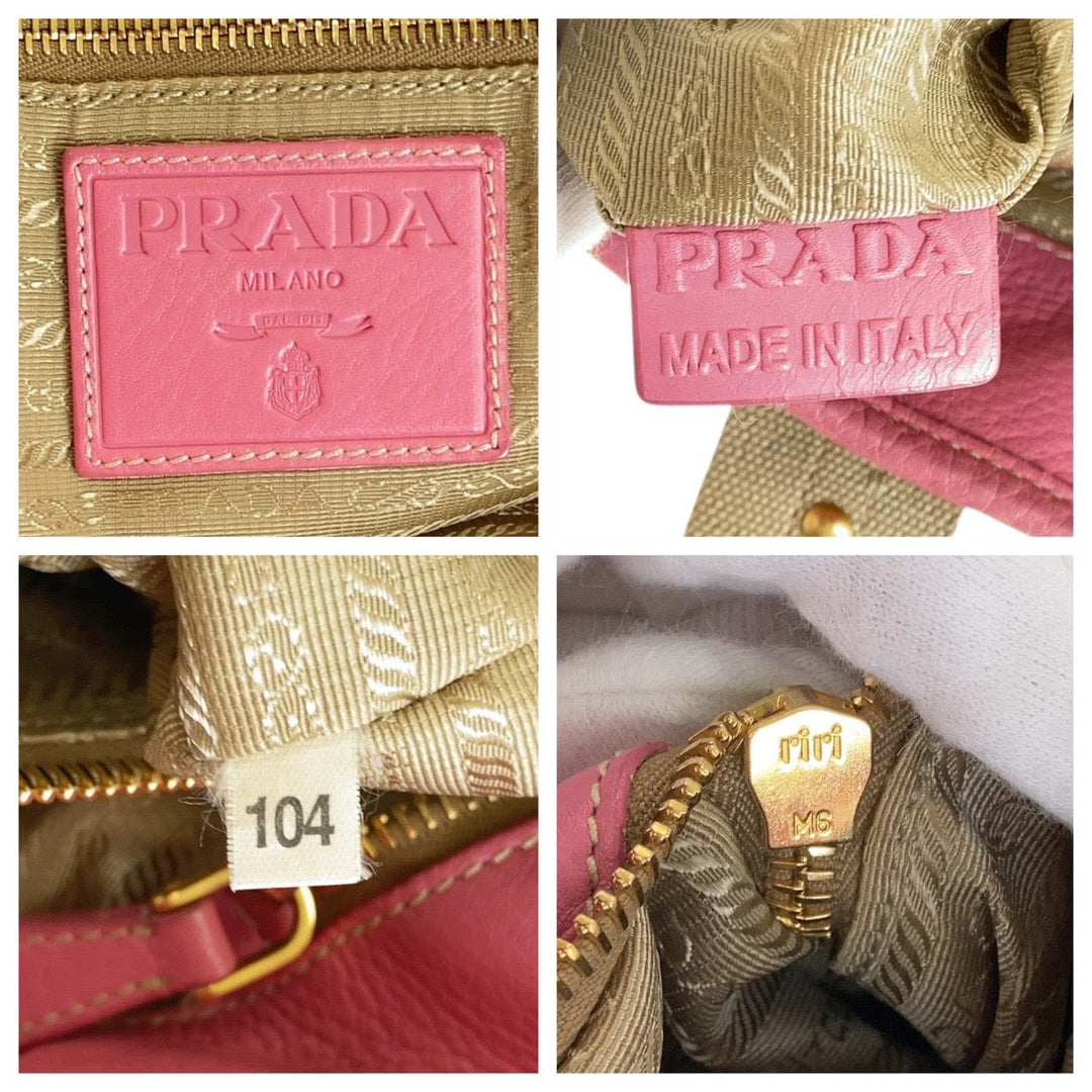 PRADA Tote Bag Canvas, Leather Beige Pink Gold Metal Tote Bag Shoulder Bag 2way Logo jacquard Women Used Authentic