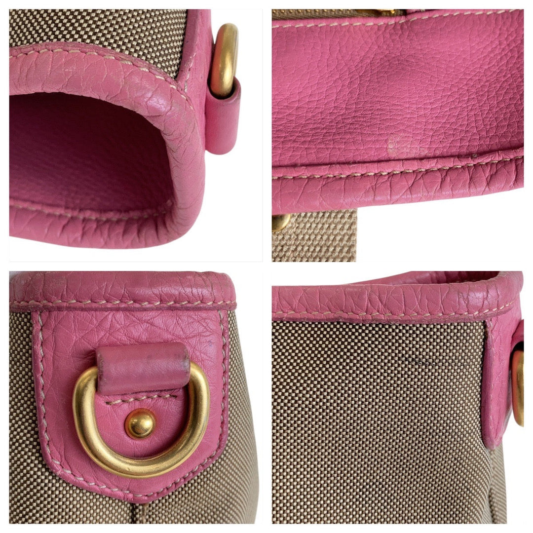 PRADA Tote Bag Canvas, Leather Beige Pink Gold Metal Tote Bag Shoulder Bag 2way Logo jacquard Women Used Authentic