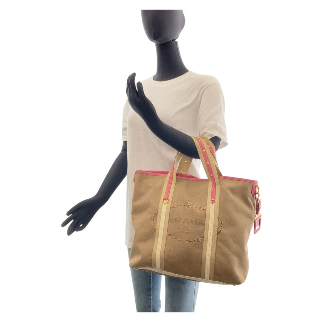 PRADA Tote Bag Canvas, Leather Beige Pink Gold Metal Tote Bag Shoulder Bag 2way Logo jacquard Women Used Authentic