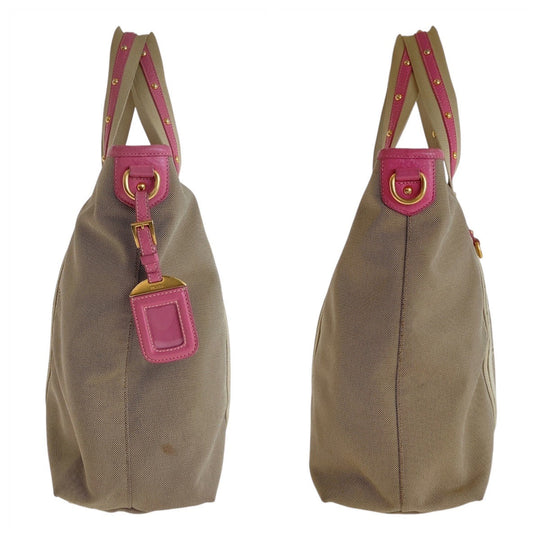 PRADA Tote Bag Canvas, Leather Beige Pink Gold Metal Tote Bag Shoulder Bag 2way Logo jacquard Women Used Authentic