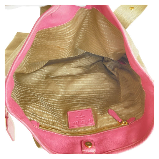 PRADA Tote Bag Canvas, Leather Beige Pink Gold Metal Tote Bag Shoulder Bag 2way Logo jacquard Women Used Authentic