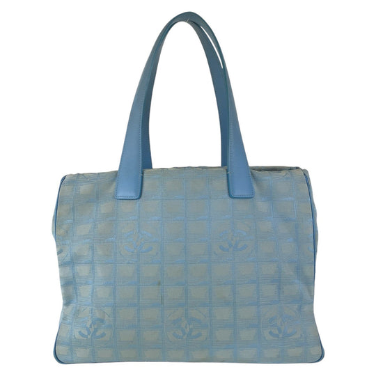 CHANEL Tote Bag Nylon, Leather Blue Silver Metal Tote Bag Shoulder Bag Neutral Tote New travel line Women Used Authentic
