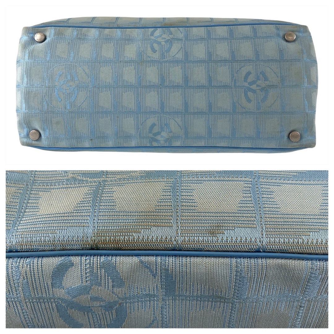 CHANEL Tote Bag Nylon, Leather Blue Silver Metal Tote Bag Shoulder Bag Neutral Tote New travel line Women Used Authentic