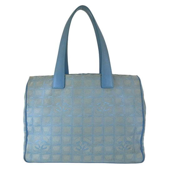 CHANEL Tote Bag Nylon, Leather Blue Silver Metal Tote Bag Shoulder Bag Neutral Tote New travel line Women Used Authentic