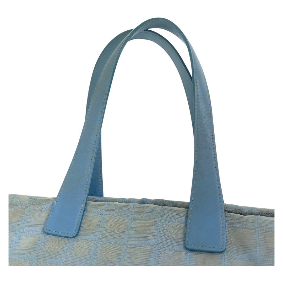 CHANEL Tote Bag Nylon, Leather Blue Silver Metal Tote Bag Shoulder Bag Neutral Tote New travel line Women Used Authentic