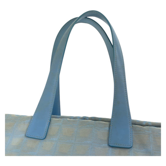 CHANEL Tote Bag Nylon, Leather Blue Silver Metal Tote Bag Shoulder Bag Neutral Tote New travel line Women Used Authentic