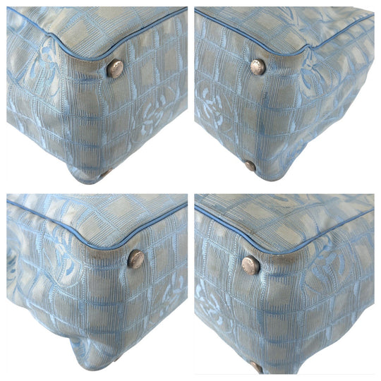 CHANEL Tote Bag Nylon, Leather Blue Silver Metal Tote Bag Shoulder Bag Neutral Tote New travel line Women Used Authentic