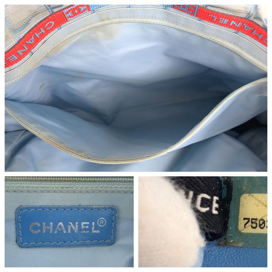 CHANEL Tote Bag Nylon, Leather Blue Silver Metal Tote Bag Shoulder Bag Neutral Tote New travel line Women Used Authentic