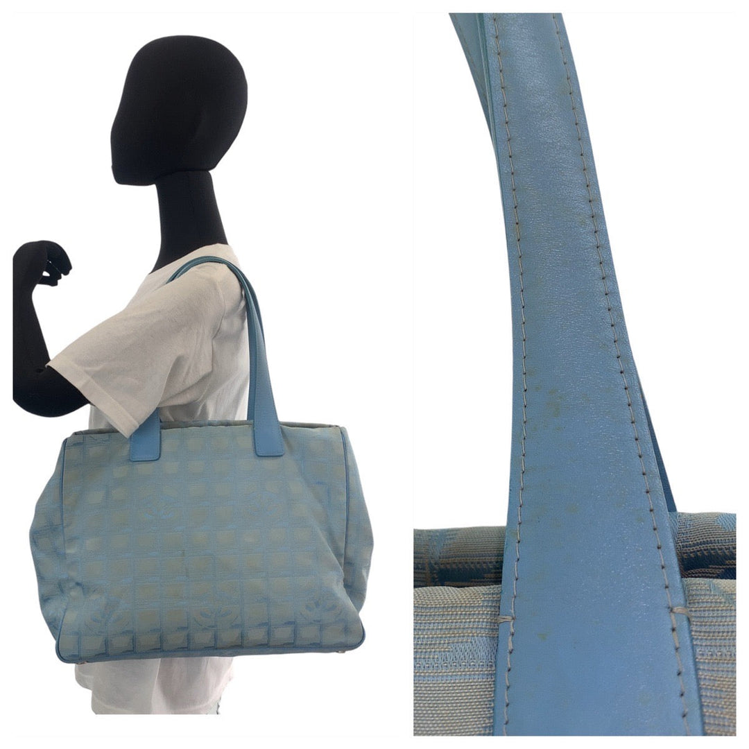 CHANEL Tote Bag Nylon, Leather Blue Silver Metal Tote Bag Shoulder Bag Neutral Tote New travel line Women Used Authentic
