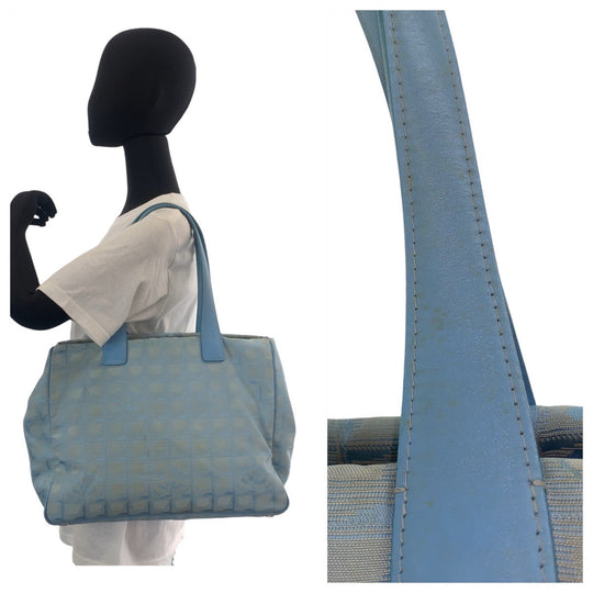 CHANEL Tote Bag Nylon, Leather Blue Silver Metal Tote Bag Shoulder Bag Neutral Tote New travel line Women Used Authentic