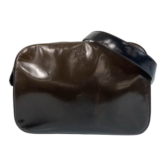 PRADA Shoulder Bag Patent leather Brown Silver Metal Crossbody Shoulder Bag Pochette Women Used Authentic