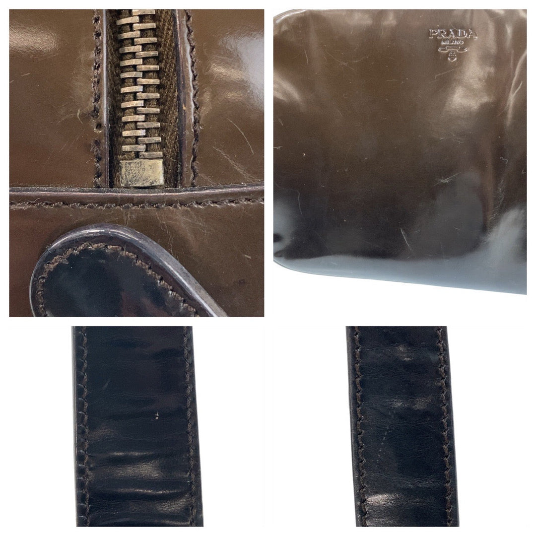 PRADA Shoulder Bag Patent leather Brown Silver Metal Crossbody Shoulder Bag Pochette Women Used Authentic