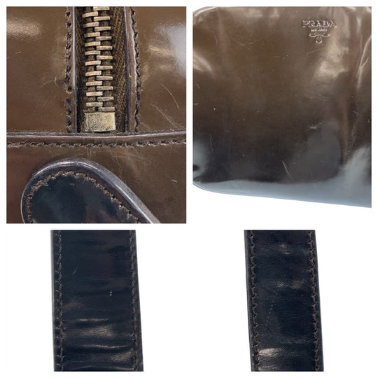 PRADA Shoulder Bag Patent leather Brown Silver Metal Crossbody Shoulder Bag Pochette Women Used Authentic