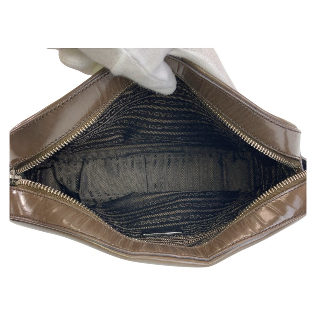 PRADA Shoulder Bag Patent leather Brown Silver Metal Crossbody Shoulder Bag Pochette Women Used Authentic