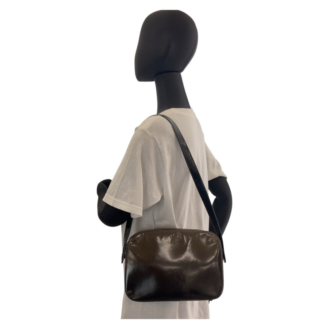 PRADA Shoulder Bag Patent leather Brown Silver Metal Crossbody Shoulder Bag Pochette Women Used Authentic