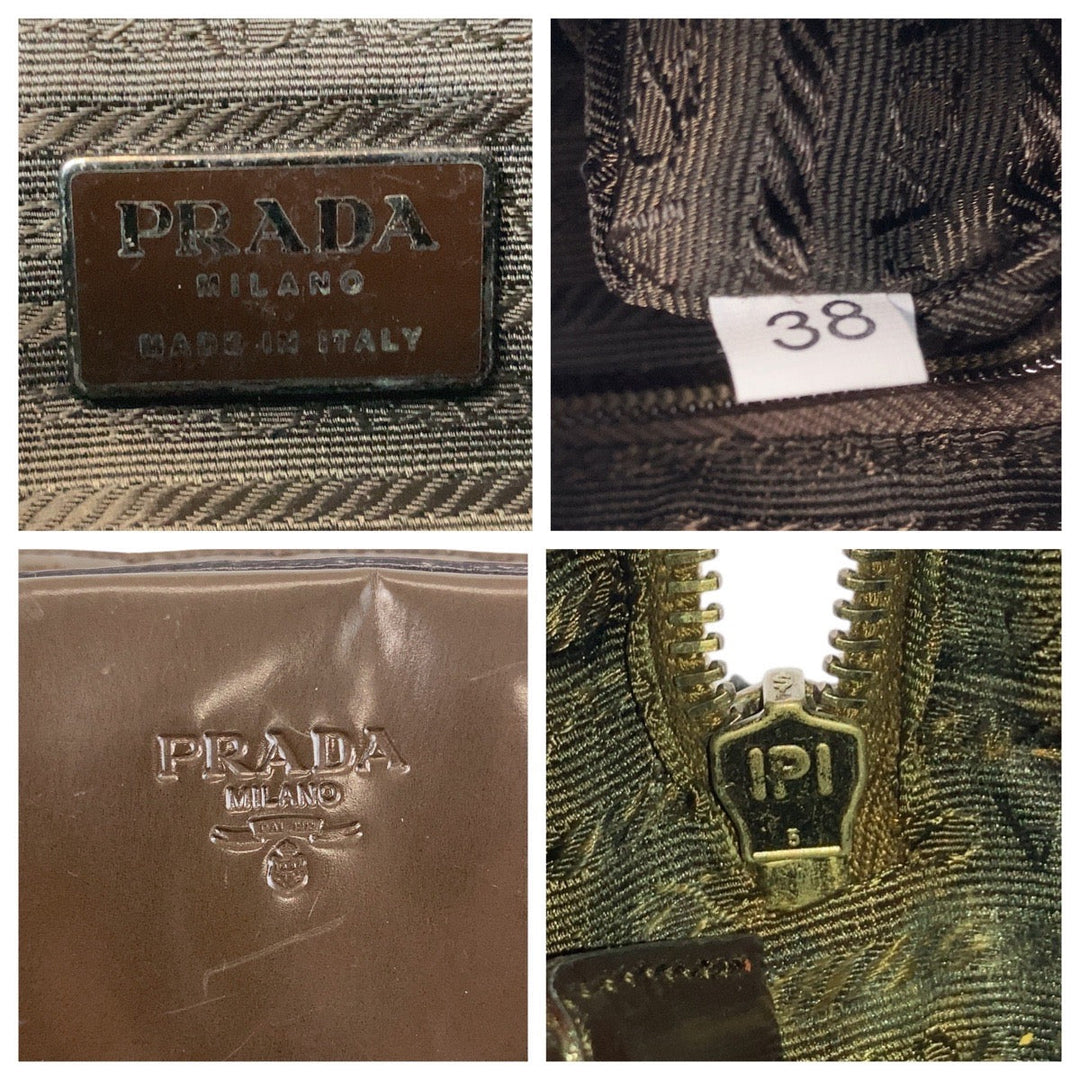 PRADA Shoulder Bag Patent leather Brown Silver Metal Crossbody Shoulder Bag Pochette Women Used Authentic