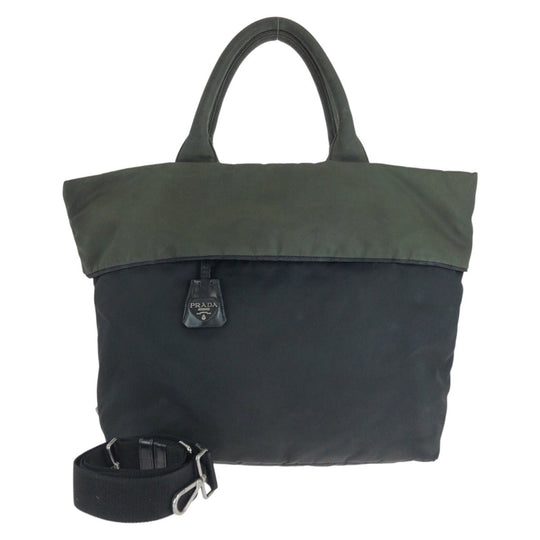 PRADA Tote Bag Nylon Black Khaki SilverMetal Tote Bag Shoulder Bag 2way Test Triangle With logo Reversible Women Used Authentic