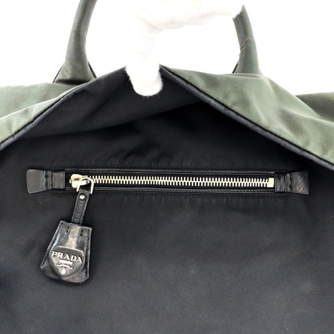 PRADA Tote Bag Nylon Black Khaki SilverMetal Tote Bag Shoulder Bag 2way Test Triangle With logo Reversible Women Used Authentic