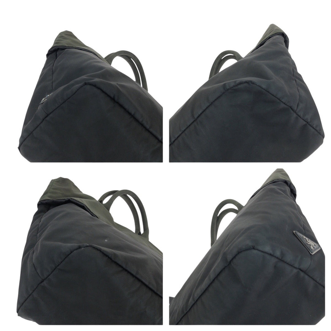 PRADA Tote Bag Nylon Black Khaki SilverMetal Tote Bag Shoulder Bag 2way Test Triangle With logo Reversible Women Used Authentic