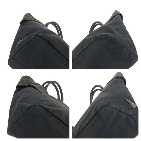 PRADA Tote Bag Nylon Black Khaki SilverMetal Tote Bag Shoulder Bag 2way Test Triangle With logo Reversible Women Used Authentic