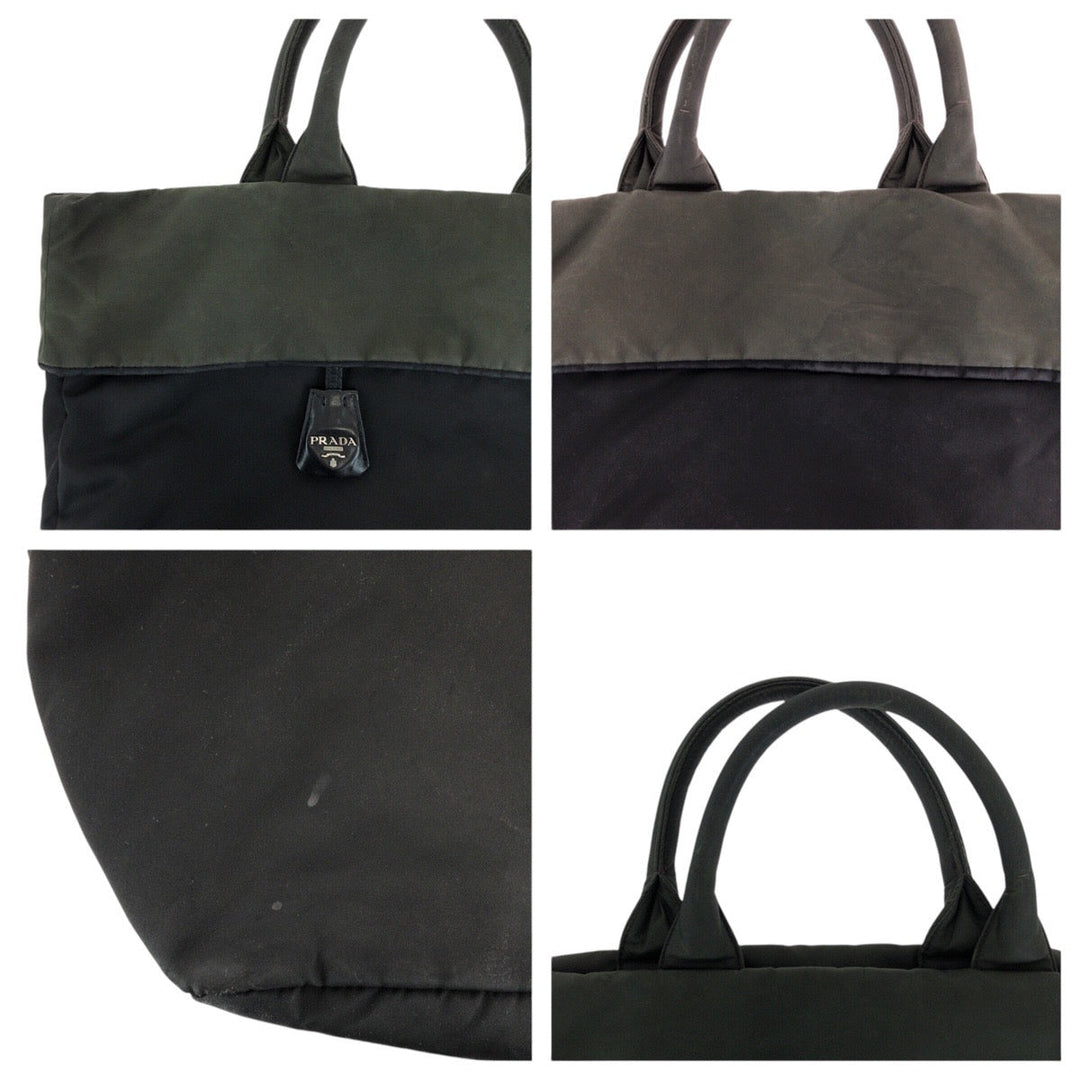 PRADA Tote Bag Nylon Black Khaki SilverMetal Tote Bag Shoulder Bag 2way Test Triangle With logo Reversible Women Used Authentic