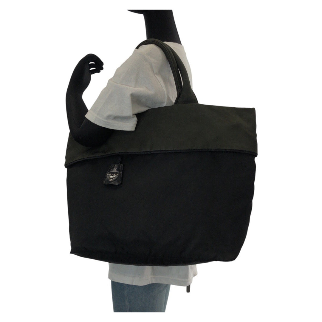 PRADA Tote Bag Nylon Black Khaki SilverMetal Tote Bag Shoulder Bag 2way Test Triangle With logo Reversible Women Used Authentic