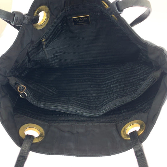 PRADA Tote Bag Nylon Black Gold Metal Tote Bag Shoulder Bag Test Triangle With logo Circle logo Women Used Authentic