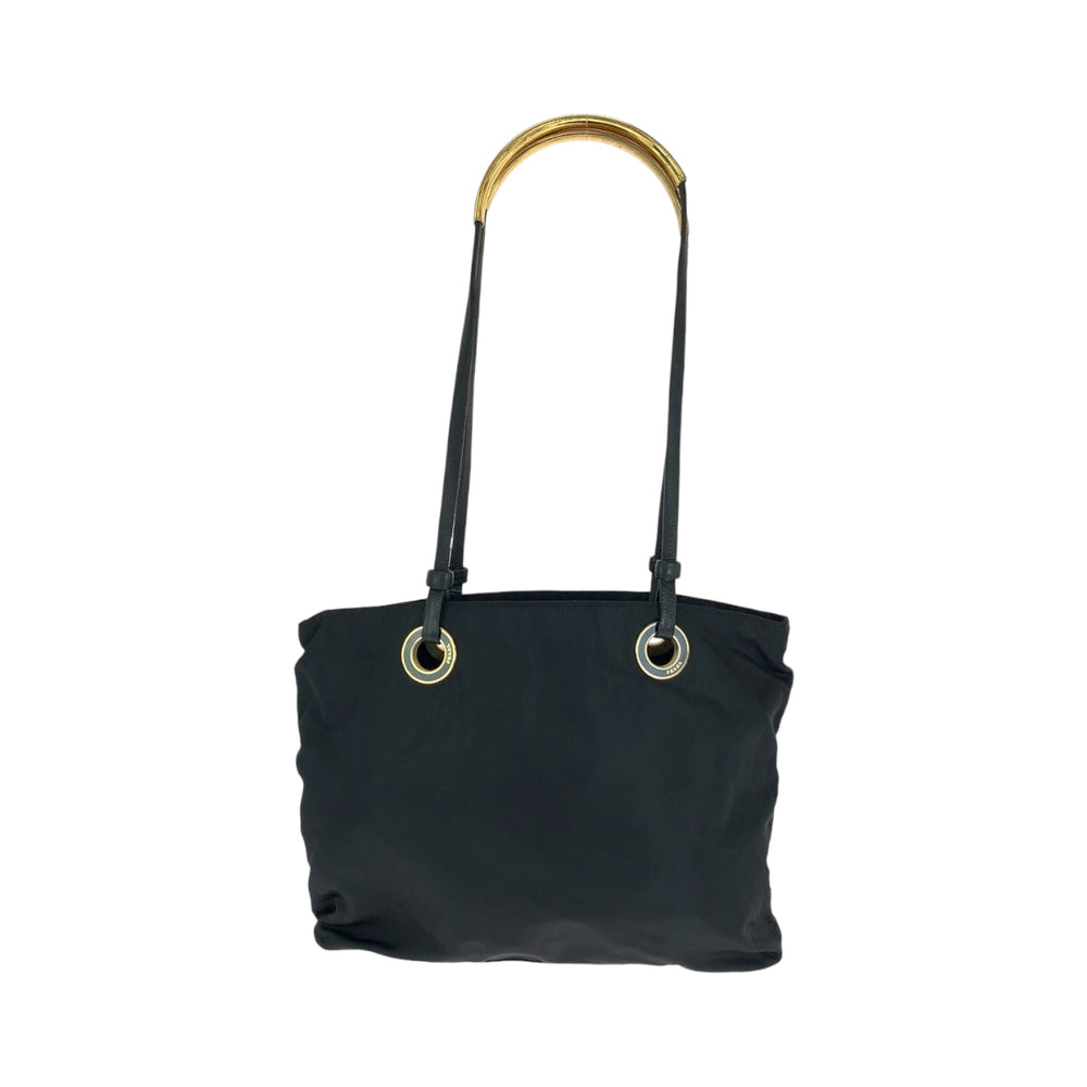 PRADA Tote Bag Nylon Black Gold Metal Tote Bag Shoulder Bag Test Triangle With logo Circle logo Women Used Authentic